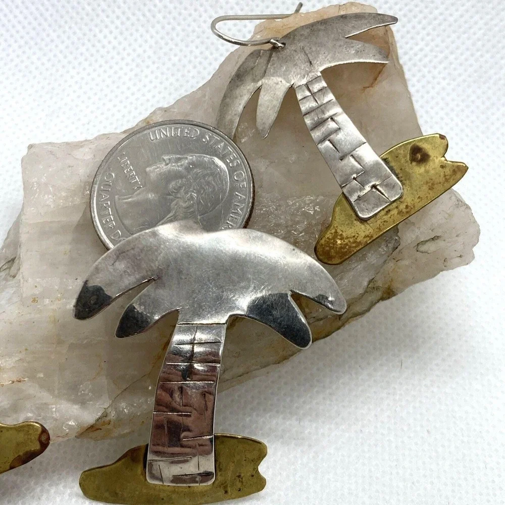 Vintage Palm Trees Sterling Silver 925 & Brass Matching‎ Earring & Brooch Set 9g
